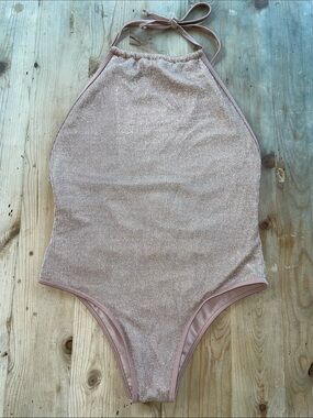 Sam Edelman Rose Gold Metallic Mesh Halter Sexy Sporty Glam Open Back Swimsuit